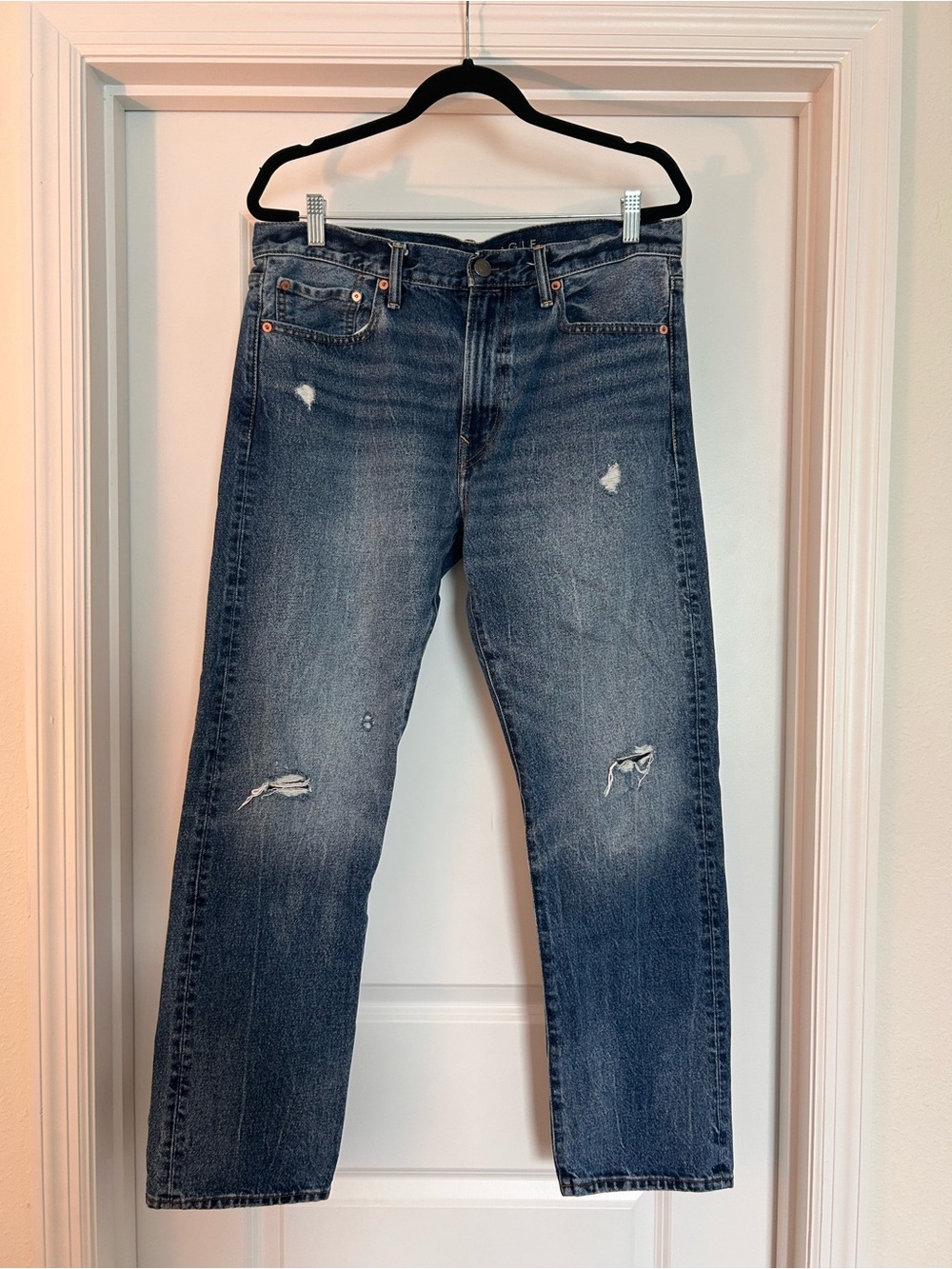 American Eagle Outfitters Men's Original Straight Distressed Dark Blue Jeans